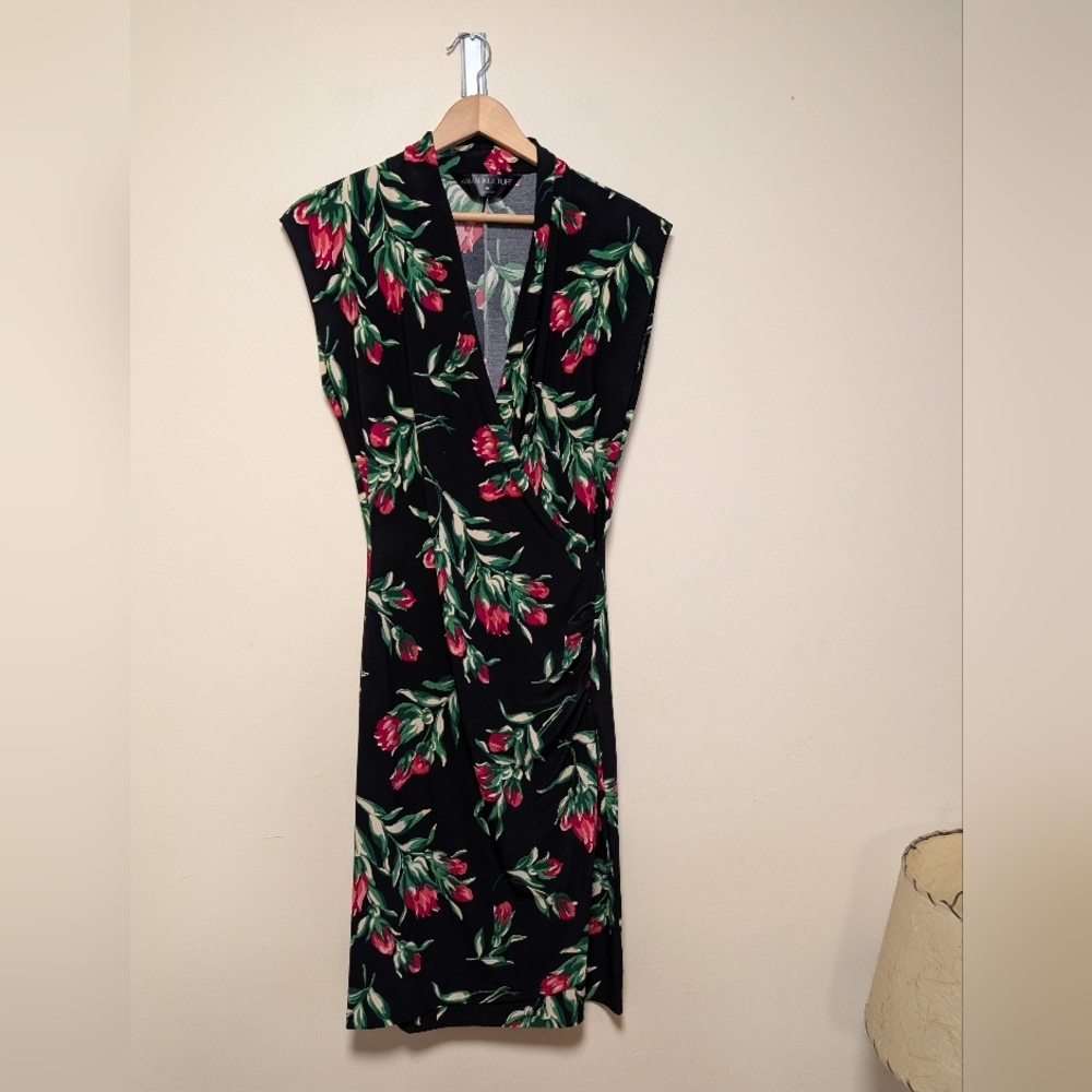 Norma Kamali Ruched Floral Midi Dress Black Pink Green Size M